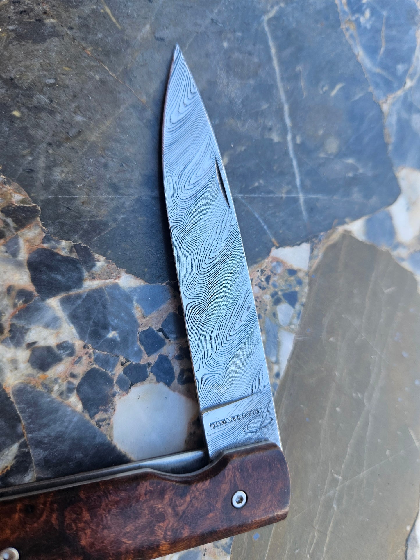 Perceval French Folding Knife — Damascus Blade & Ironwood Handle | Ball Bearing | Thiers