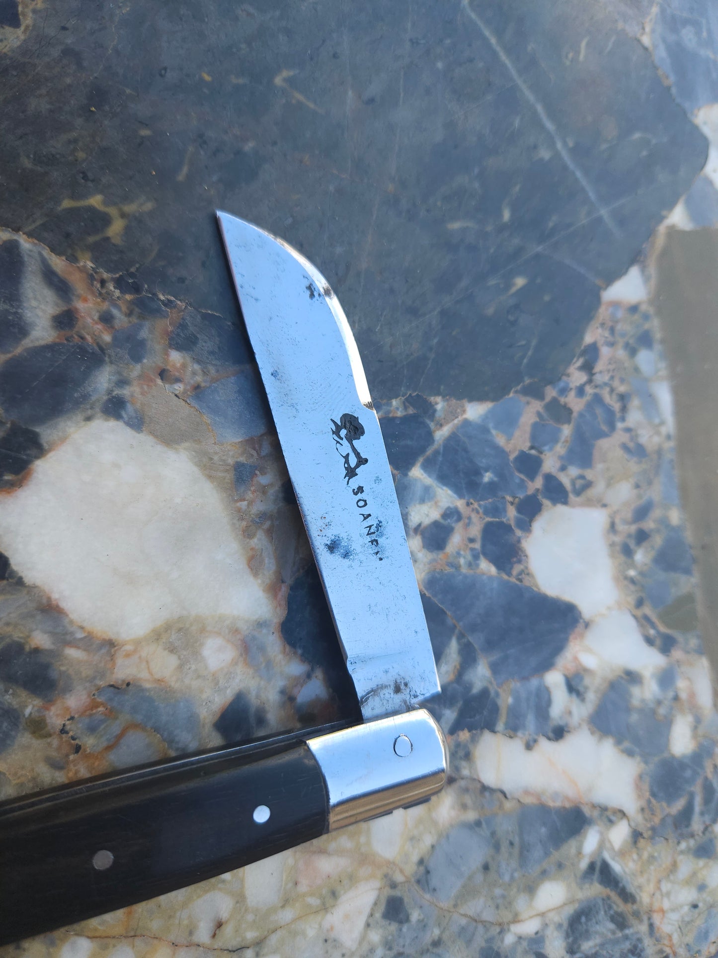Vintage French Soanen Folding Knife — Ebony Handle & Brass Bolster | Thiers, France