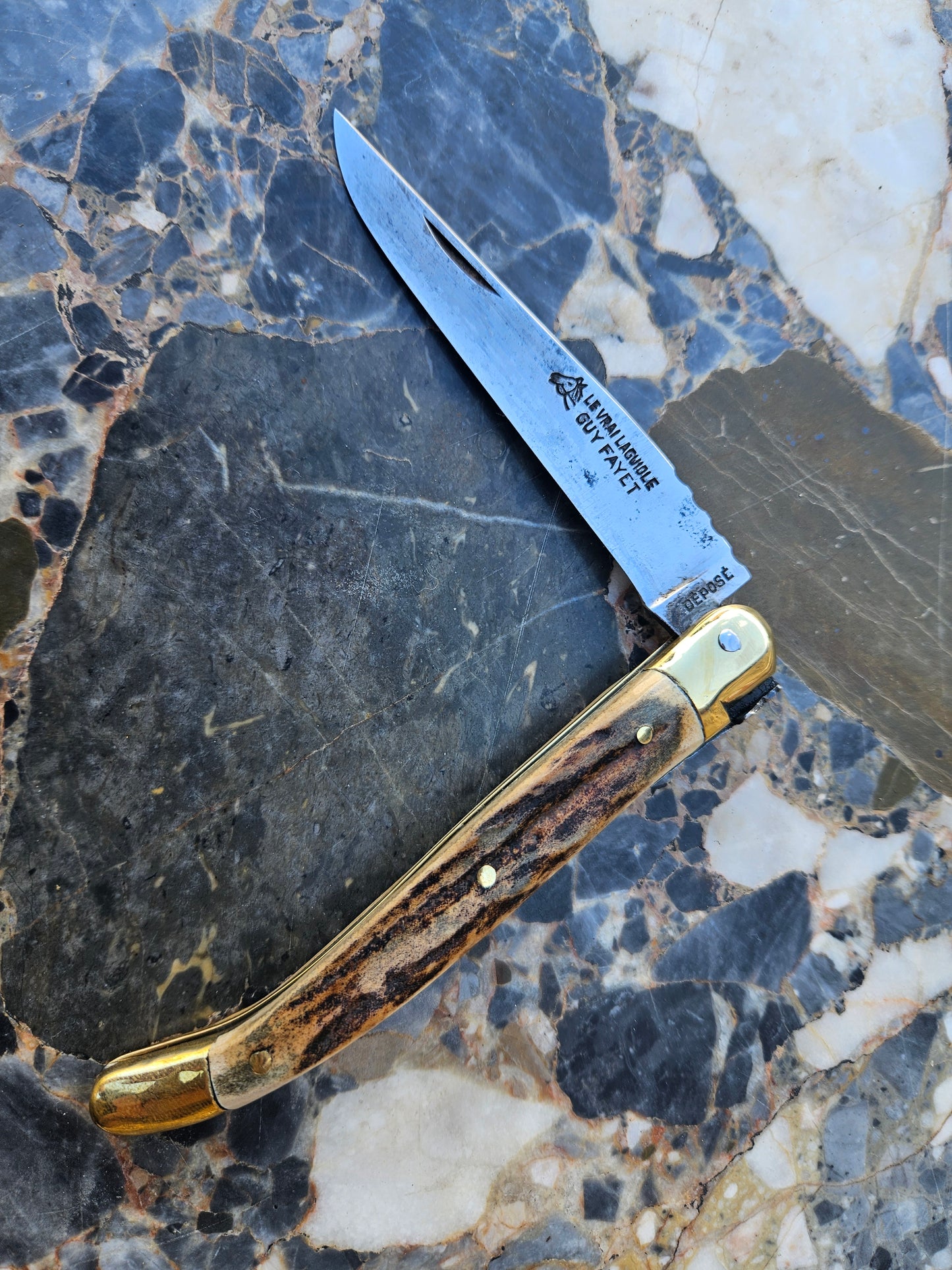 Le Vrai Laguiole Folding Knife Stag Horn Handle & Guilloché Thiers, France